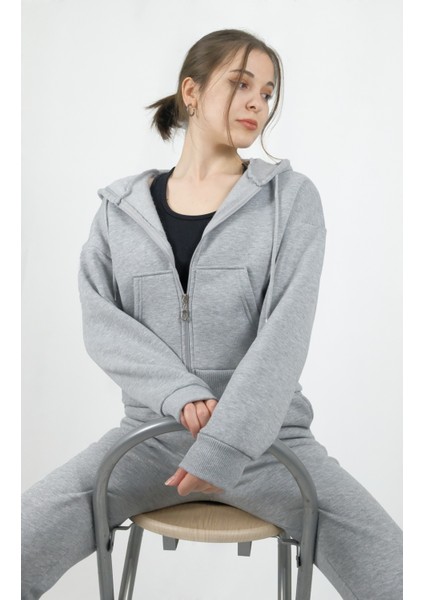 Oversize Fermuarlı Krop Sweatshirt/eşofman Altı Takım 3 Iplik Şardonlu