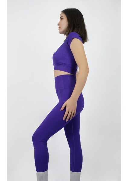 Ta Sports Wear Yüksek Bel Toparlayıcı Seamless Tayt ve Yarım Kollu Crop Takım