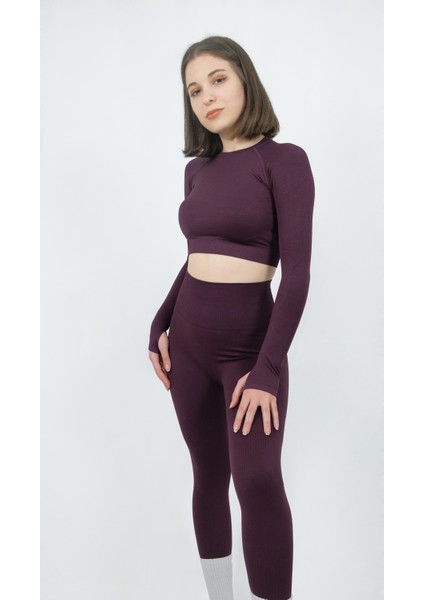 Yüksek Bel Toparlayıcı Seamless Tayt ve Uzun Kollu Crop Takım