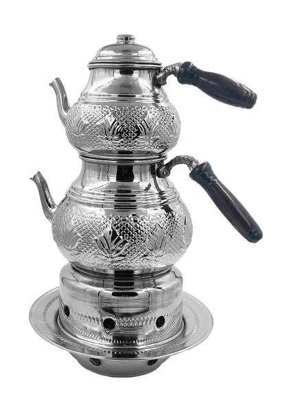 Bakır Lale Motifli Beyaz Büyük Boy Çaydanlık Seti