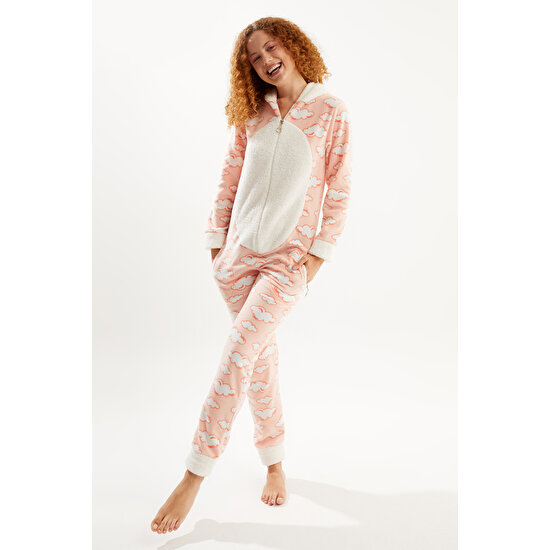 Ecrou Kadın Somon Bulut Desen Arkası Fermuarlı Polar Tulum Pijama