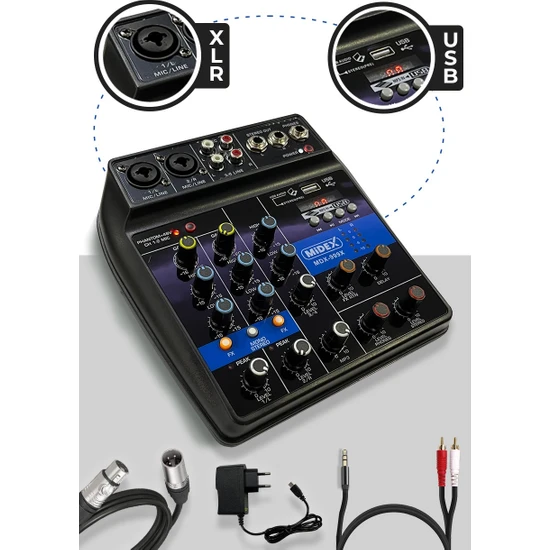 Midex MDX-999X Stüdyo Kayıt İçin Ses Kartlı +48V Phantomlu Kayıt Mikseri ( XLR Kablo + Rca Hediye)