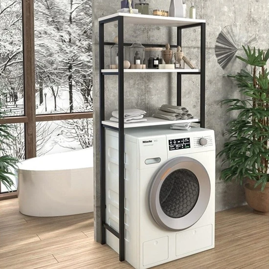 Güzelkan Madeni Eşya Çamaşır Makinesi Üstü Düzenleyici Raf Banyo Dolabı Rafı Makina Üstü Dolap Raf Beyaz