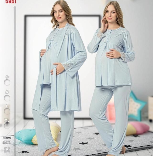 Nehir 2026 Mavi Hamile Lohusa 3 Lü Pijama Sabahlık Tk