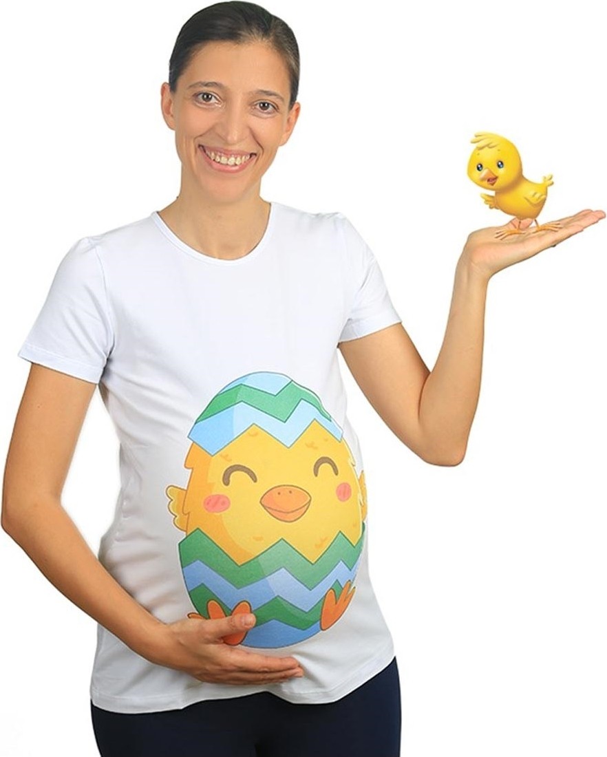 Mummy's Baby Hamile Tişört Civciv Beyaz %85 Pamuk Slimfit Rahat Kesim Günlük Kullanım