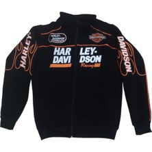Harley Davidson Erkek Büyük Beden Sweat Ceket Siyah Uzun Kollu Cepli Yazılı Fermuarlı Hakim Yakalı Bomber