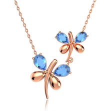 İndigo Takı Aqua Taşlı Ikili Yusufçuk Rose Gümüş Kolye