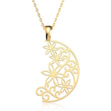 İndigo Takı Sade Yarım Ay Çiçek Desenli Altın Kaplama Gümüş Kolye