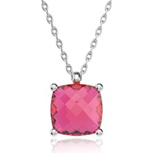 İndigo Takı Fuşya Küçük Kare Taş Beyaz Gümüş Kolye