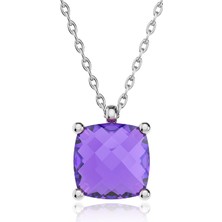 İndigo Takı Ametist Küçük Kare Taş Beyaz Gümüş Kolye