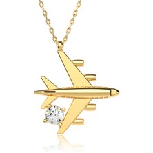 İndigo Takı Tek Taşlı Uçak Altın Kaplama Gümüş Kolye