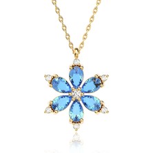 İndigo Takı Aqua Taşlı Lotus Çiçeği Altın Kaplama Gümüş Kolye