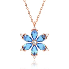 İndigo Takı Aqua Taşlı Lotus Çiçeği Rose Gümüş Kolye