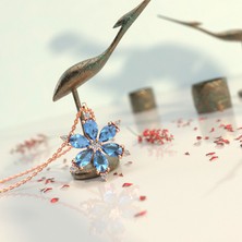 İndigo Takı Aqua Taşlı Lotus Çiçeği Rose Gümüş Kolye