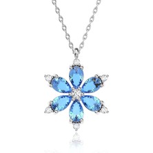 İndigo Takı Aqua Taşlı Lotus Çiçeği Beyaz Gümüş Kolye