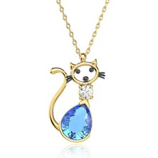 İndigo Takı Aqua Damla Taşlı Kedi Altın Kaplama Gümüş Kolye