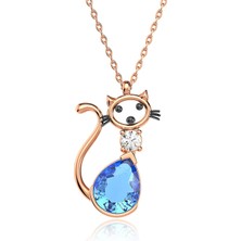 İndigo Takı Aqua Damla Taşlı Kedi Rose Gümüş Kolye