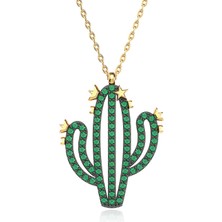 İndigo Takı Yeşil Taşlı Kaktüs Altın Kaplama Gümüş Kolye