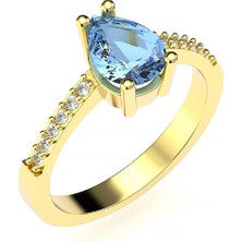 İndigo Takı Damla Aqua Taşlı Altın Kaplama Gümüş Yüzük