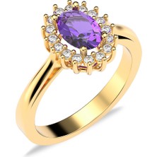 İndigo Takı Oval Ametist Taşlı Anturaj Pırlanta Montür Altın Kaplama Gümüş Yüzük