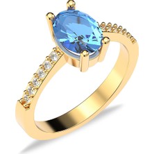 İndigo Takı Oval Aqua Taşlı Altın Kaplama Gümüş Yüzük