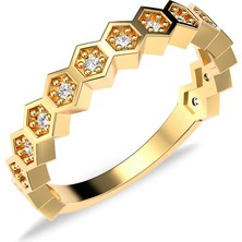 İndigo Takı Sıra Taşlı Petek Motifli Altın Kaplama Gümüş Yüzük