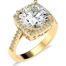 İndigo Takı 3.5 Karat Kare Çerçeve Tektaş Altın Kaplama Gümüş Yüzük