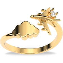 İndigo Takı Tek Taşlı Uçak Altın Kaplama Gümüş Yüzük