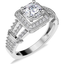 İndigo Takı Üç Kollu Kare Çerçeve Tektaş Beyaz Gümüş Yüzük