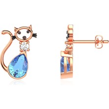 İndigo Takı Aqua Damla Taşlı Kedi Rose Gümüş Küpe