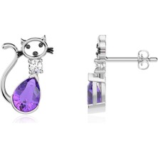 İndigo Takı Ametist Damla Taşlı Kedi Beyaz Gümüş Küpe