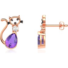 İndigo Takı Ametist Damla Taşlı Kedi Rose Gümüş Küpe