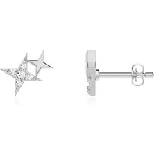 İndigo Takı Minik Ikili Yıldız Beyaz Gümüş Küpe