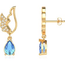 İndigo Takı Aqua Damla Taşlı Melek Kanadı Altın Kaplama Gümüş Küpe