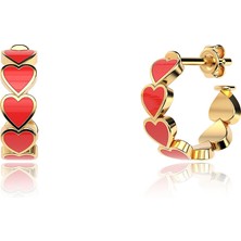 İndigo Takı Sıralı Mineli Kırmızı Kalpler Altın Kaplama Gümüş Küpe