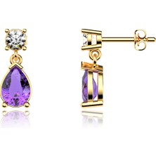 İndigo Takı Ametist Damla Taşlı Altın Kaplama Gümüş Küpe