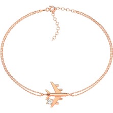 İndigo Takı Tek Taşlı Uçak Rose Gümüş Bileklik