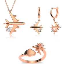 İndigo Takı Tek Taşlı Uçak Rose Gümüş Üçlü Set
