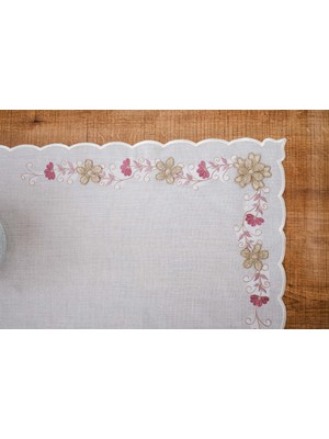 Finezza Linda Nakışlı Keten Efekt Kumaş Kreme Pembe Runner 45X150 CM-1402