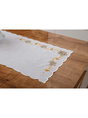 Finezza Linda Nakışlı Keten Efekt Kumaş Kreme Sarı Runner 45X150 cm - 1401