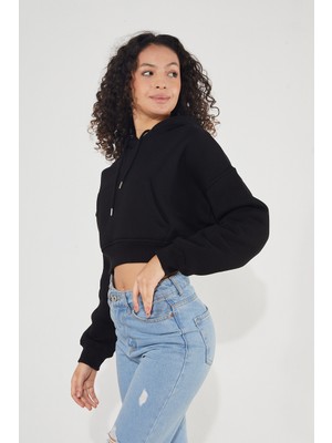 Twenty3 Kadın Kapüşonlu Kanguru Cepli 3 Iplik Içi Polarlı Şardonlu Basic Kalın Crop Sweatshirt