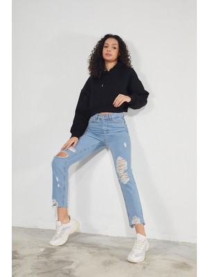 Twenty3 Kadın Kapüşonlu Kanguru Cepli 3 Iplik Içi Polarlı Şardonlu Basic Kalın Crop Sweatshirt