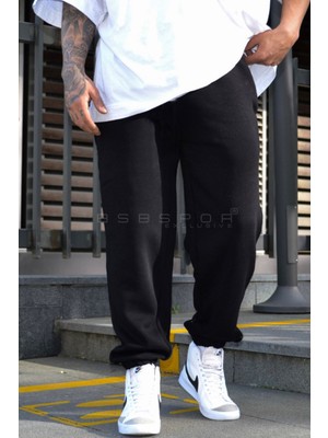 BSBSPOR Siyah Şardonlu Kalın Eşofman Altı Jogger 3 Iplik Salaş Oversize