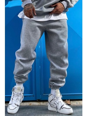 BSBSPOR Gri Içi Pamuklu Kışlık Geniş Kalıp Şardonlu Lastikli Paça Eşofman Altı Jogger Salaş