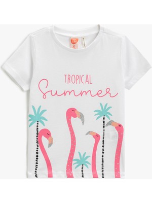 Koton Kız Çocuk Flamingo Baskılı Kısa Kollu Tişört Bisiklet Yaka Simli