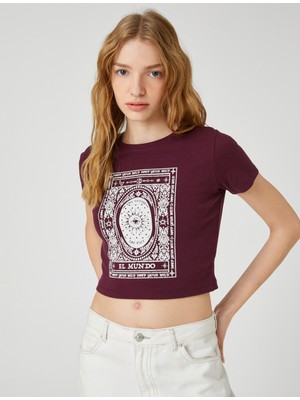 Koton Crop Tişört Pamuklu Kısa Kollu Bisiklet Yaka Baskılı