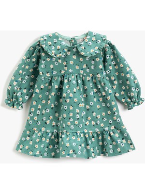 Koton Bebe Yaka Çiçekli Elbise Uzun Kollu Kalın Katlı Pamuklu