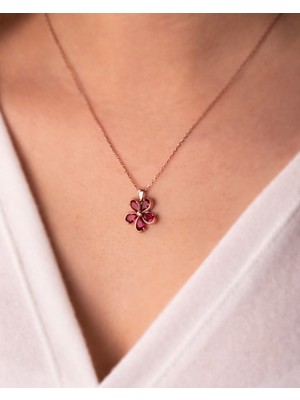 İndigo Takı Fuşya Taşlı Rüzgar Gülü Rose Gümüş Kolye