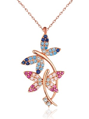 İndigo Takı Çift Renk Geçişli Yusufçuk Rose Gümüş Kolye