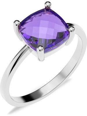 İndigo Takı Kare Ametist Taşlı Tektaş Beyaz Gümüş Yüzük